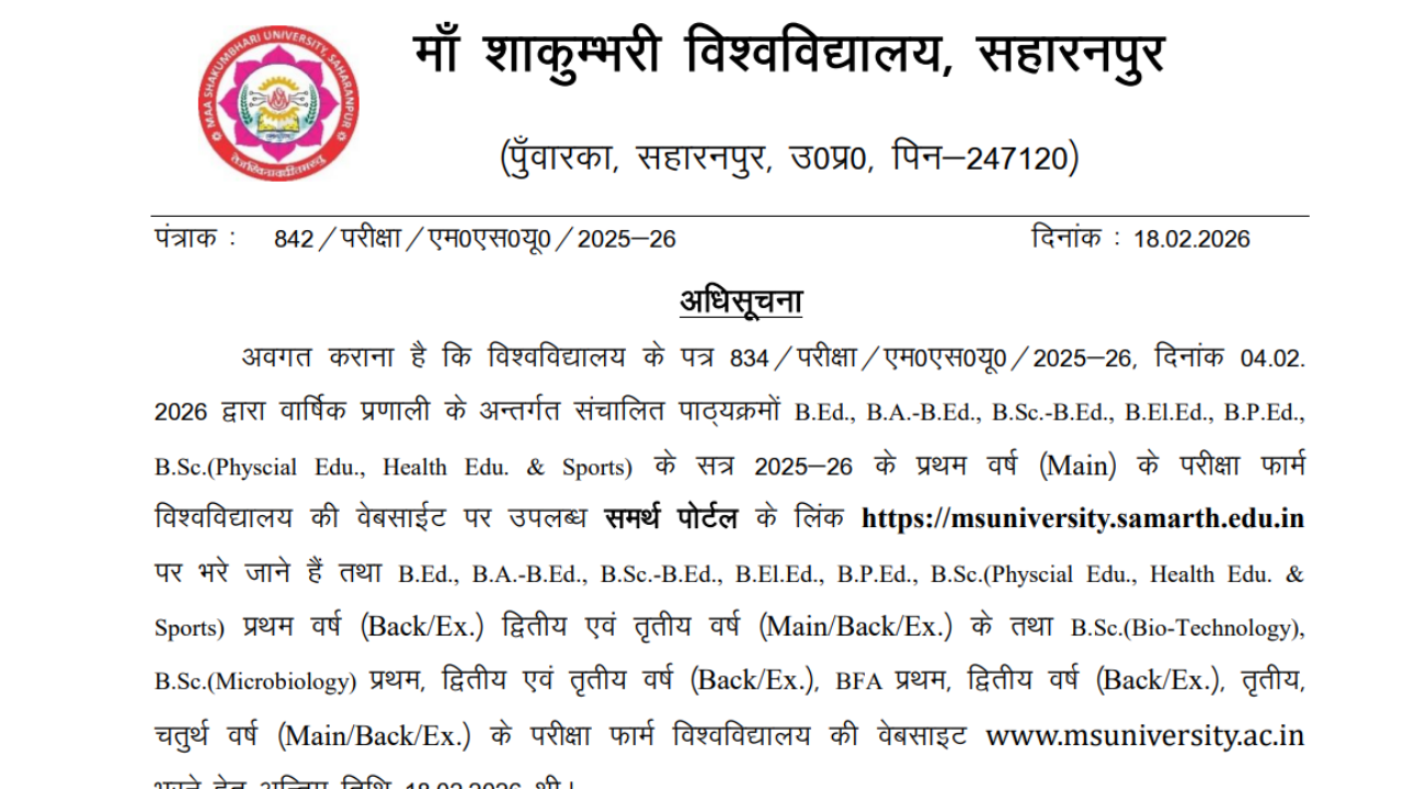 MSU Saharanpur Exam Form 2026