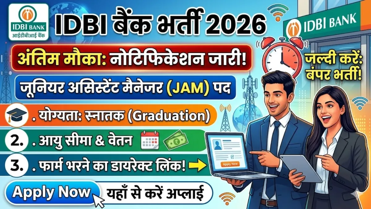 IDBI Bank Bumper Bharti 2026 जूनियर असिस्टेंट मैनेजर (JAM) के पदों पर सीधी भर्ती, ग्रेजुएशन पास करें अप्लाई!